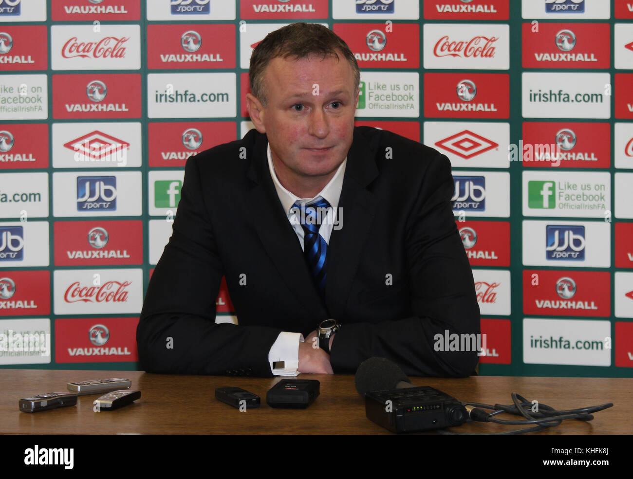 Michael O'Neill's first game in charge of Northern Ireland. O'Neill succeeded Nigel Worthington and his first game was at home to Norway on 29 February 2012 at Windsor Park Belfast. ONeill reflects on his first game incharge - a defeat - in the post-match press conference. Stock Photo