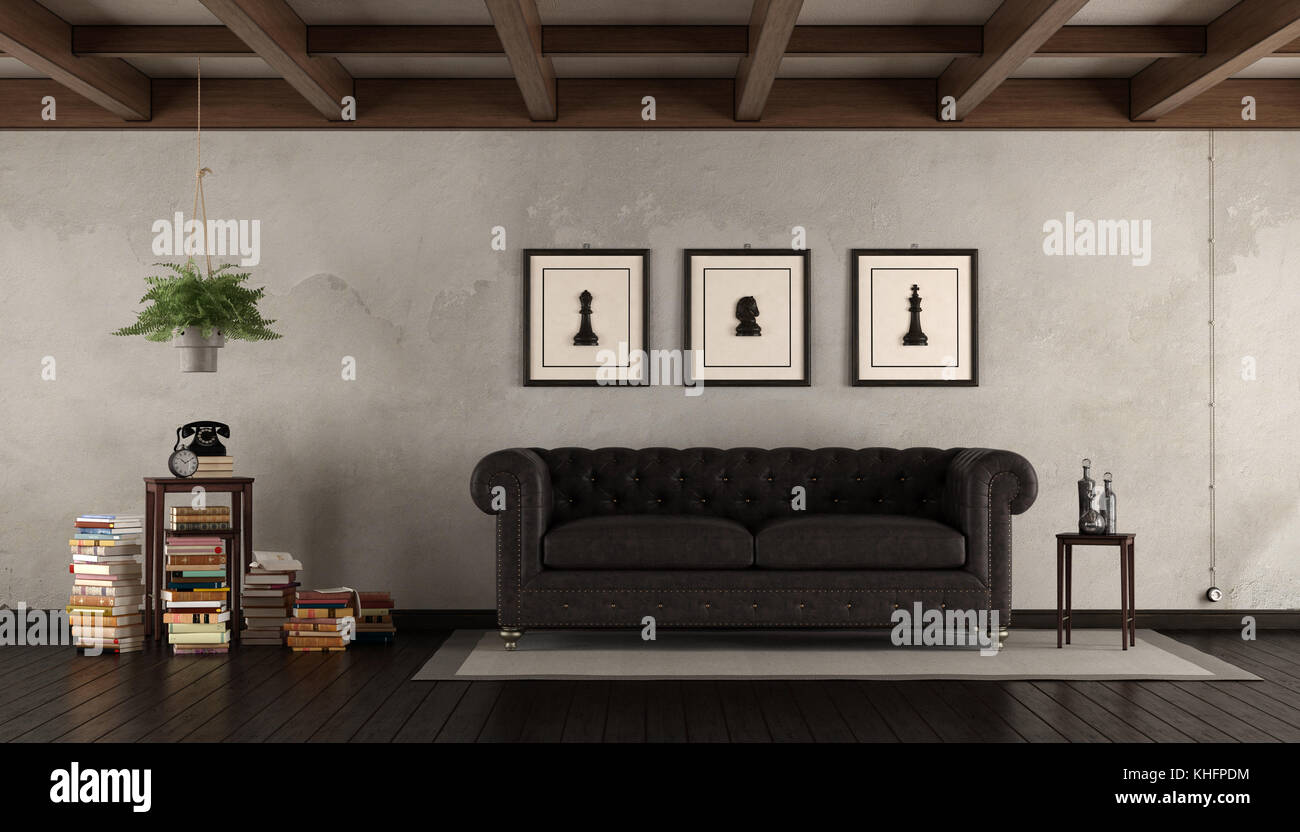 Retro living room with leather sofa ,books coffee table and plant3d