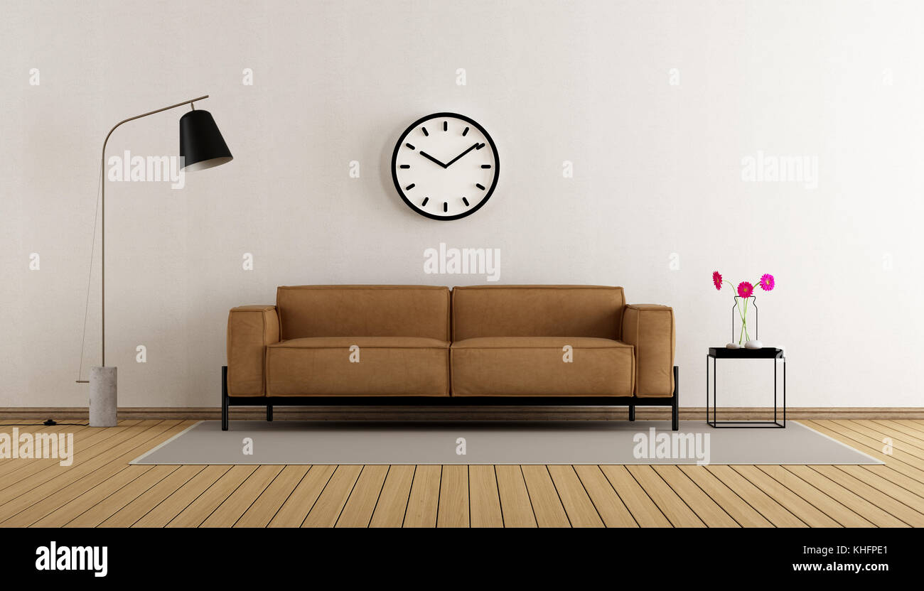 Minimalist living room with leather sofa and floor lamp - 3d rendering ...
