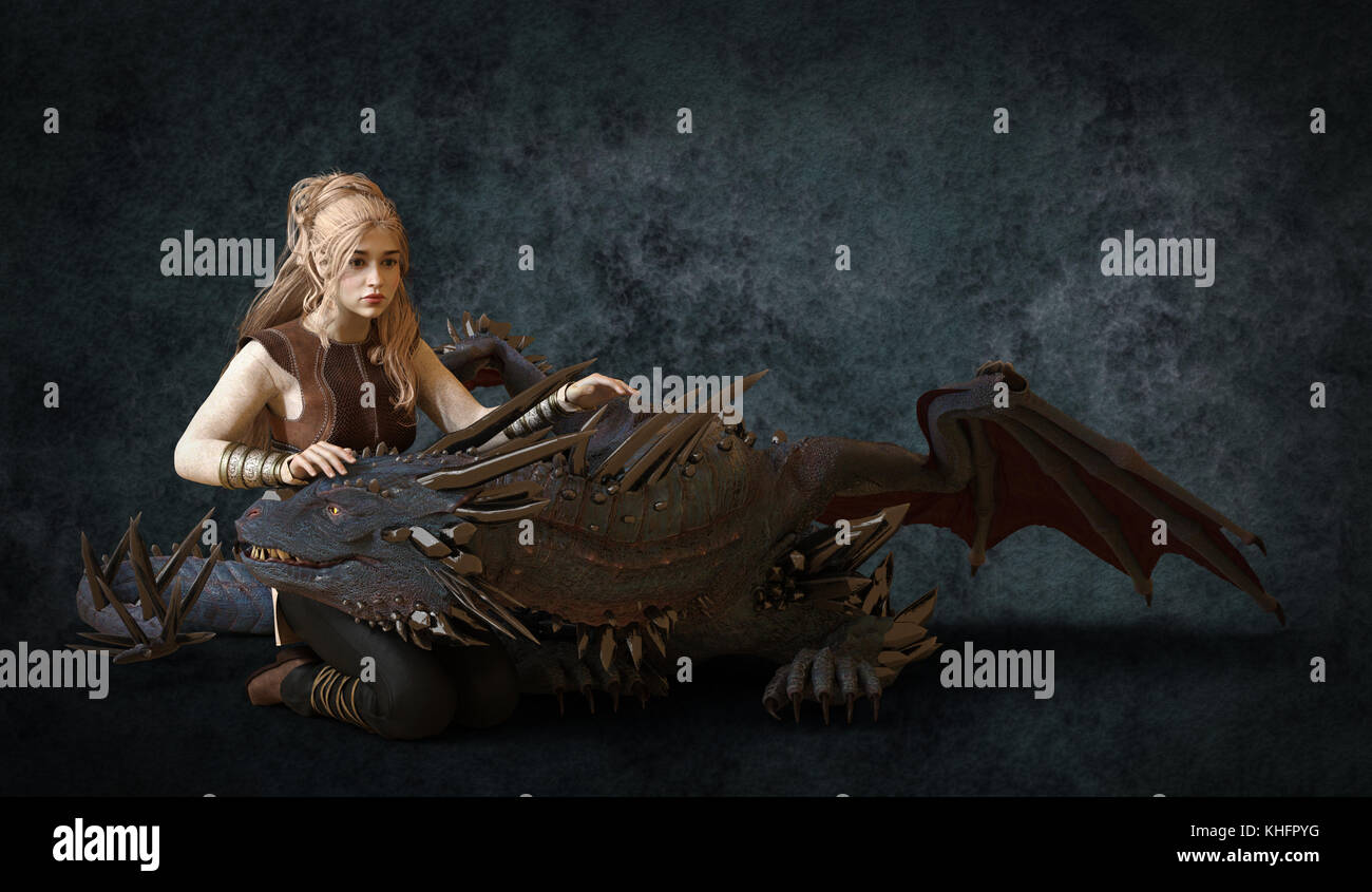 Beautiful blonde and fantasy dragon 3d illustration Stock Photo
