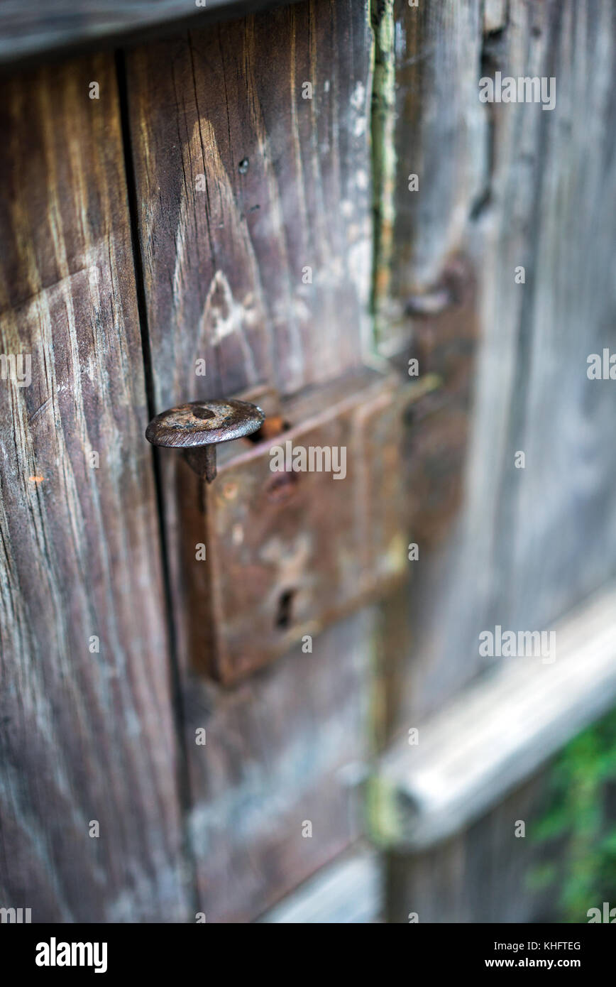 Very Old Wooden Door Handle, One Hundred Years Old, Close Up Stock Photo