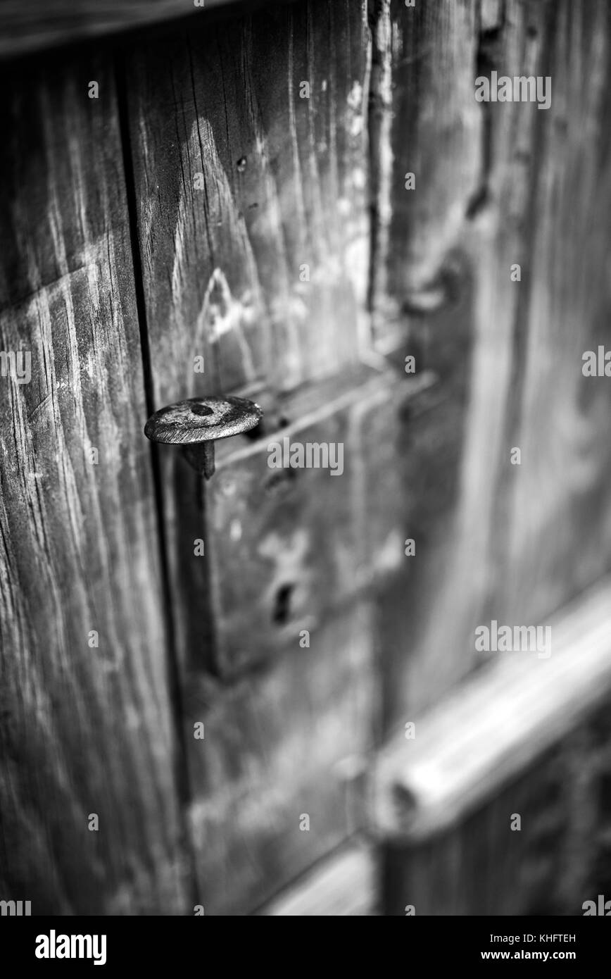 Very Old Wooden Door Handle, In black and White,  One Hundred Years Old, Close Up Stock Photo