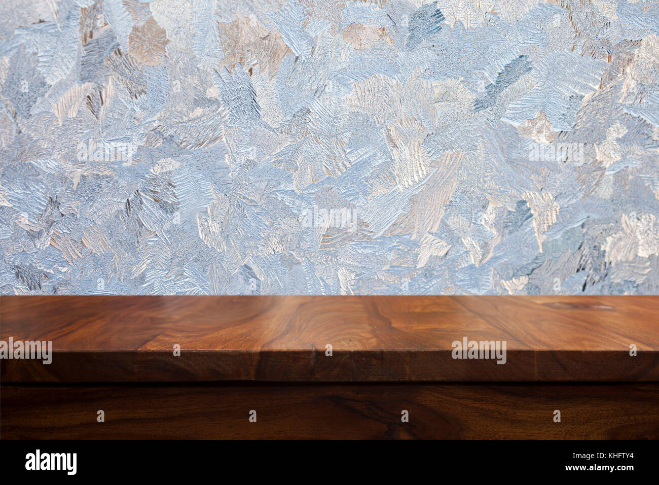 Empty top wooden table and frozen blurred background Stock Photo