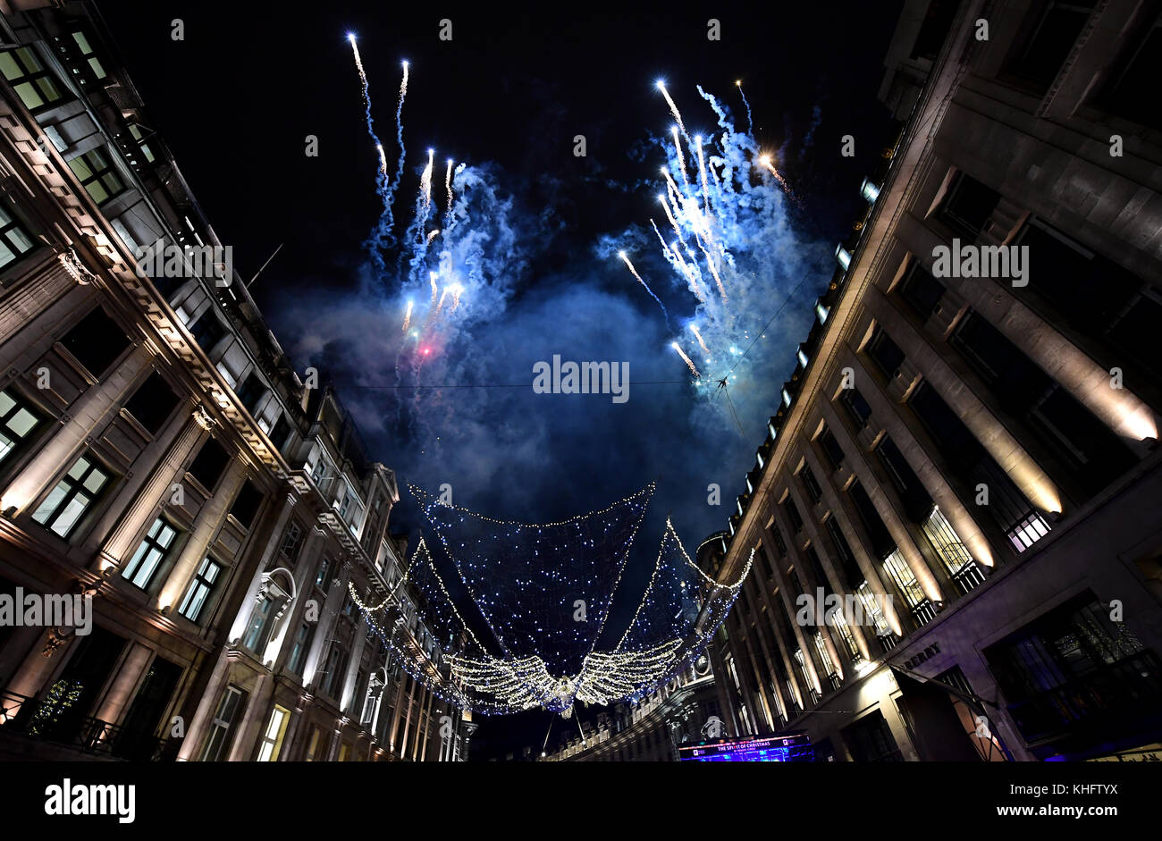 Fireworks as the 'Spirit of Christmas' display is switched on across