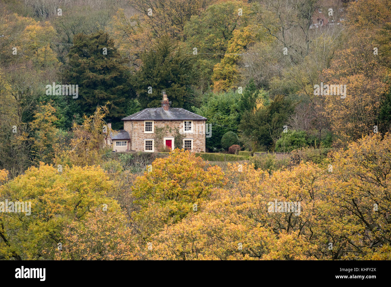 Thomas Telford's former house viewed from the Pontcysyllte Aqueduct, Llangollen Canal, Denbighshire,  Wales, UK Stock Photo