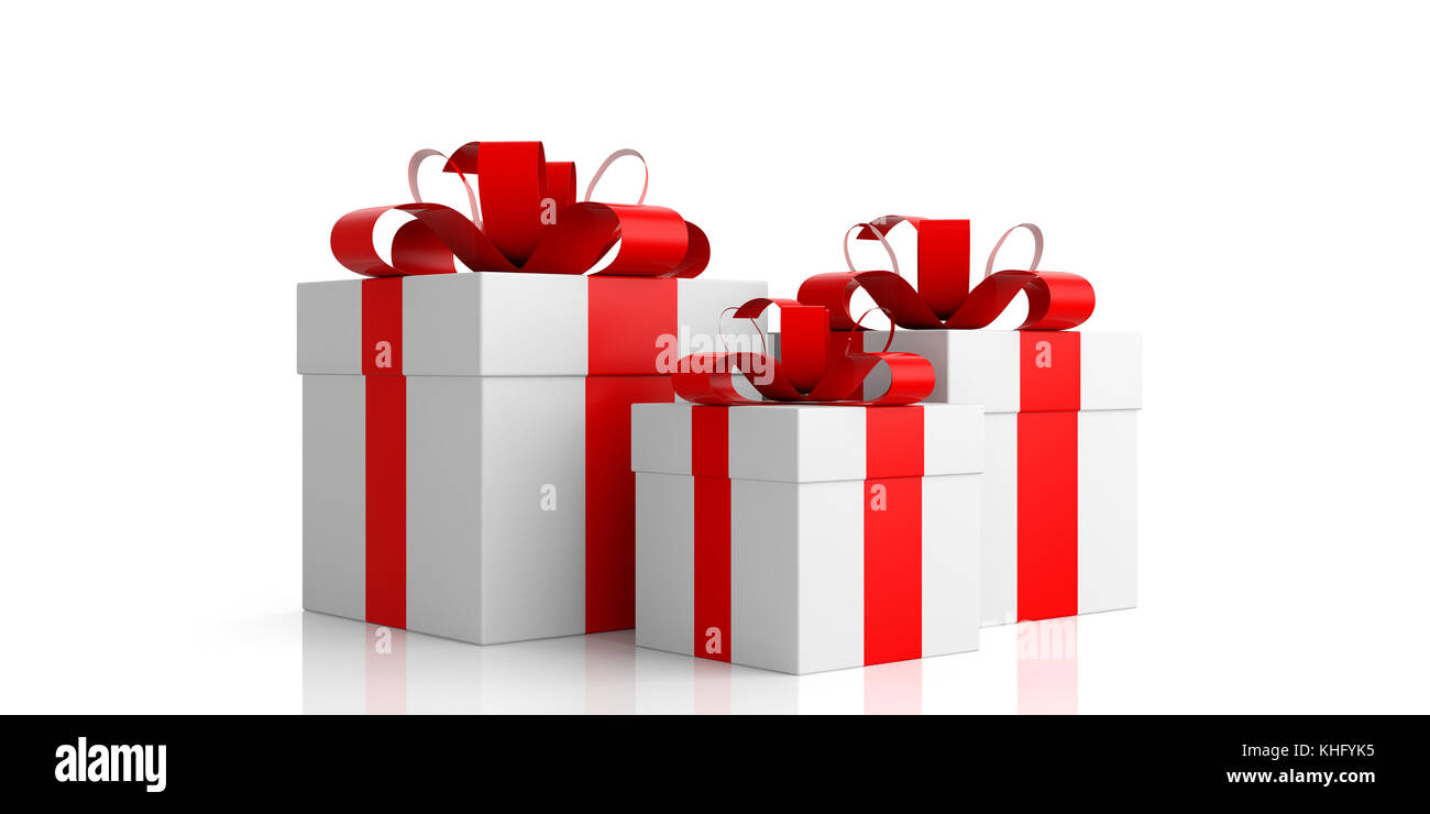 White gift boxes with red ribbons isolated on white background. 3d ...