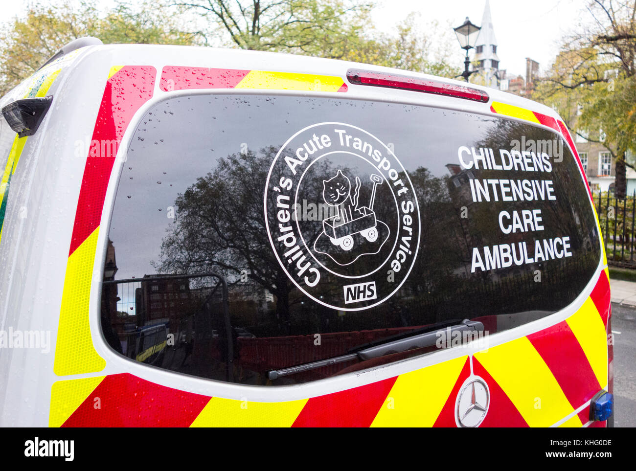 Children's Intensive Care ambulance parked near the world-famous Great Ormond Street Hospital, London, UK Stock Photo