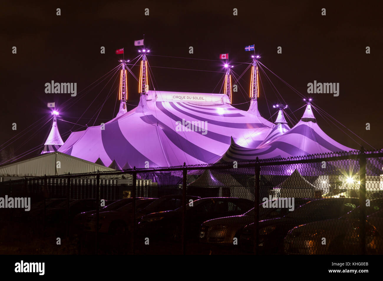 Toronto, Canada - Oct 13, 2017: Cirque du Soleil circus tent big top illuminated at night. Toronto, Province of Ontario, Canada Stock Photo