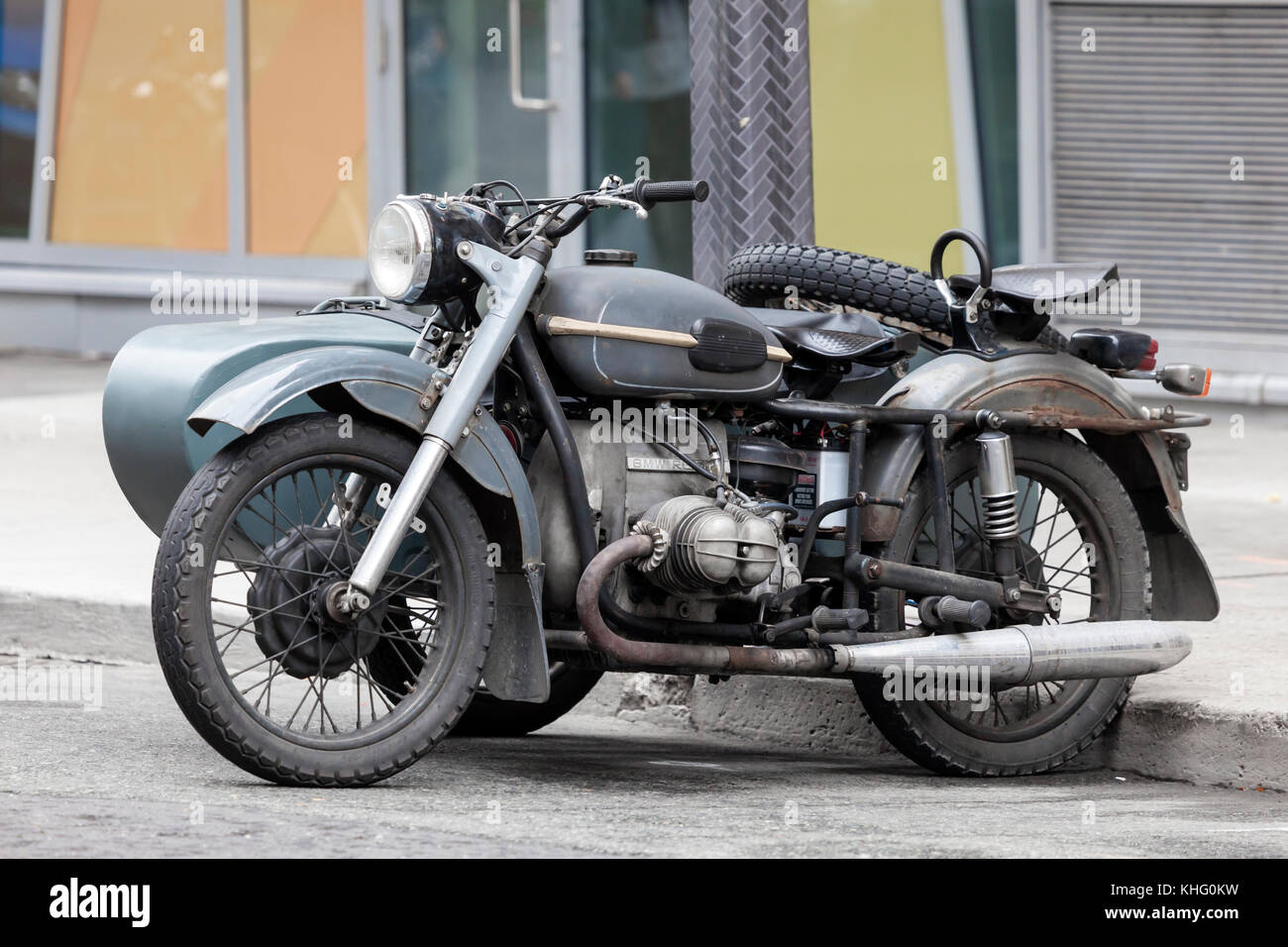 Toronto, Canada - Oct 14, 2017: Old BMW motorcycle with a side car parked downtown in Toronto, Canada Stock Photo