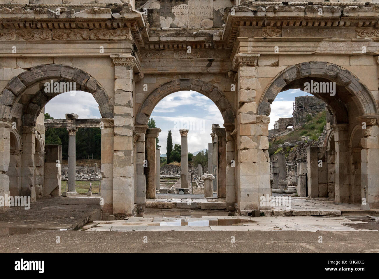 Roman gate into the public agora in the ruins of Ephesus, Turkey. Stock Photo