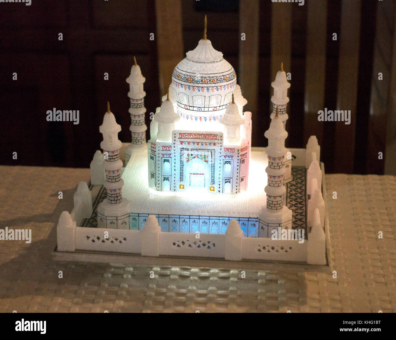 Table top illuminated plastic replica of the Indian Taj Mahal mausoleum located in Agra India. St Paul Minnesota MN USA Stock Photo