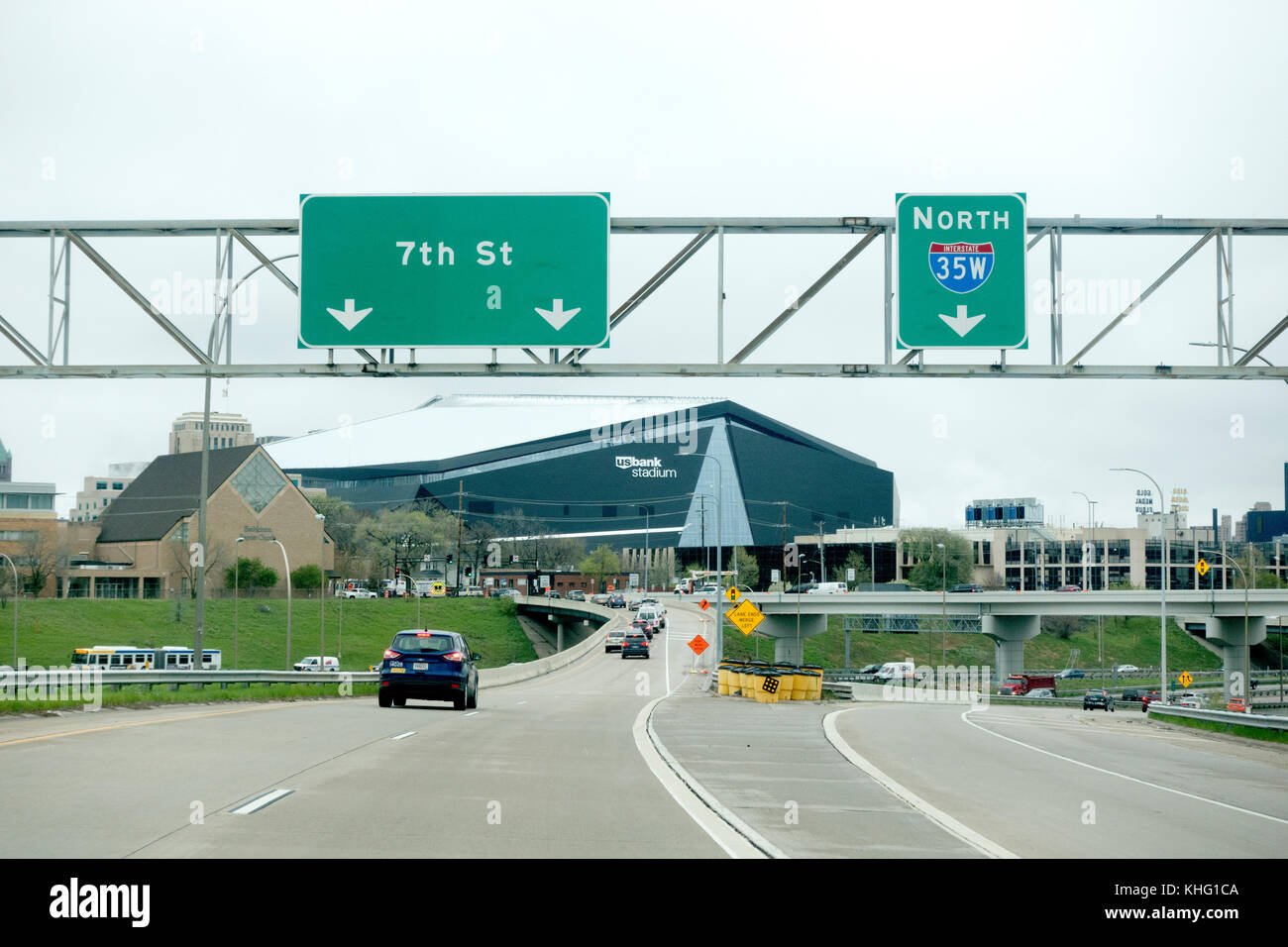 Approaching US Bank Stadium on Freeway 35W, site of 2018 Super Bowl 52 or LII . Home of the Vikings NFL Football Team. Minneapolis Minnesota MN USA Stock Photo