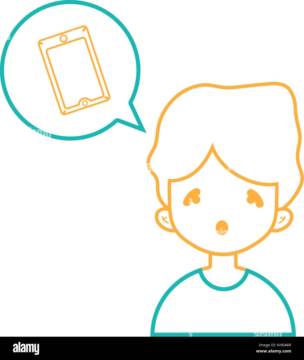 line boy with smartphone technology inside chat bubble vector ...