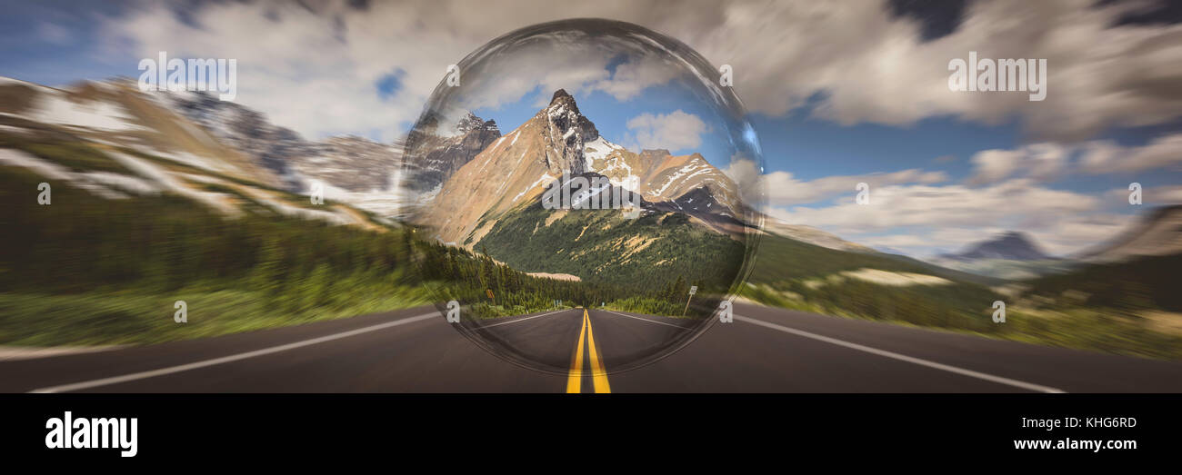 Travel bubble - Alberta road, Jasper national park Stock Photo