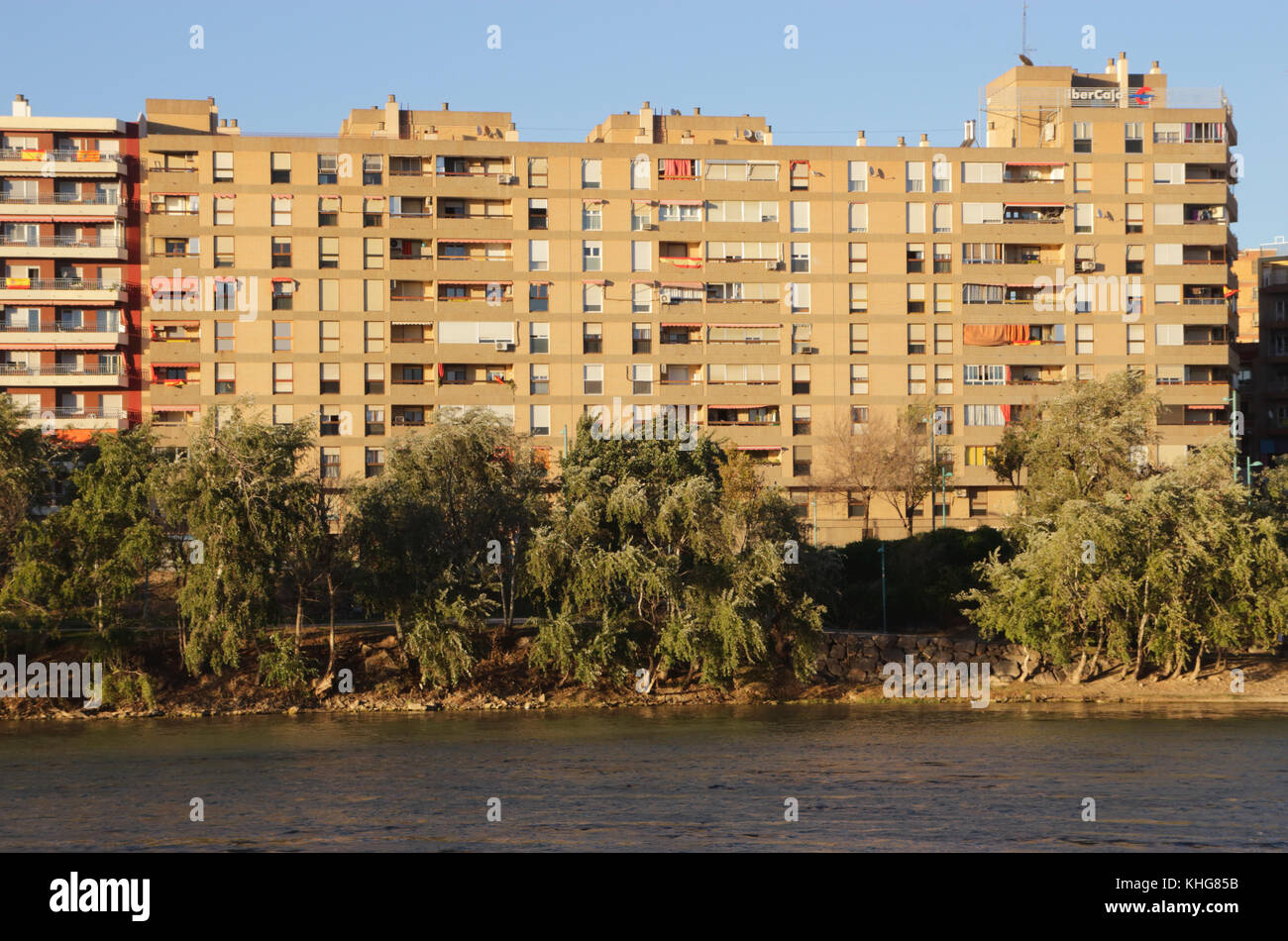 Residential apartments overlooking Ebro River Zaragoza Spain Stock Photo