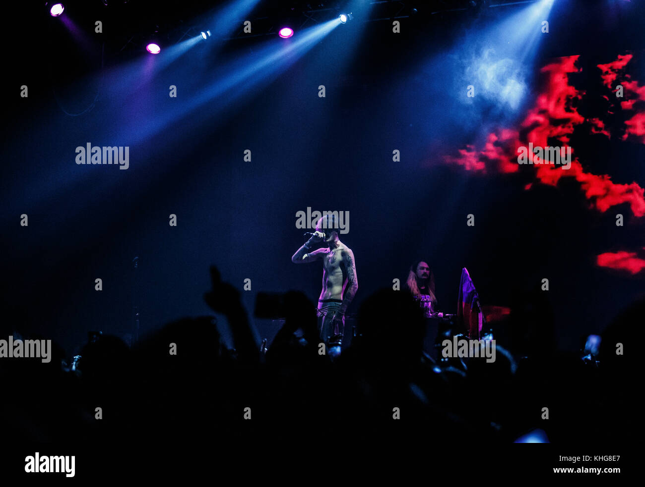 MOSCOW-30 MARCH,2017:Rapper Lil Peep concert in night club.Portrait of ...