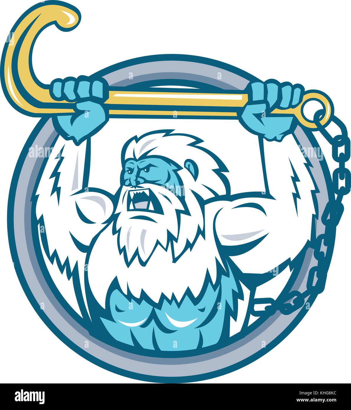Retro style illustration of a muscular yeti or Abominable Snowman, an ape-like entity lifting or holding up a j hook or tow hook set inside circle on  Stock Vector