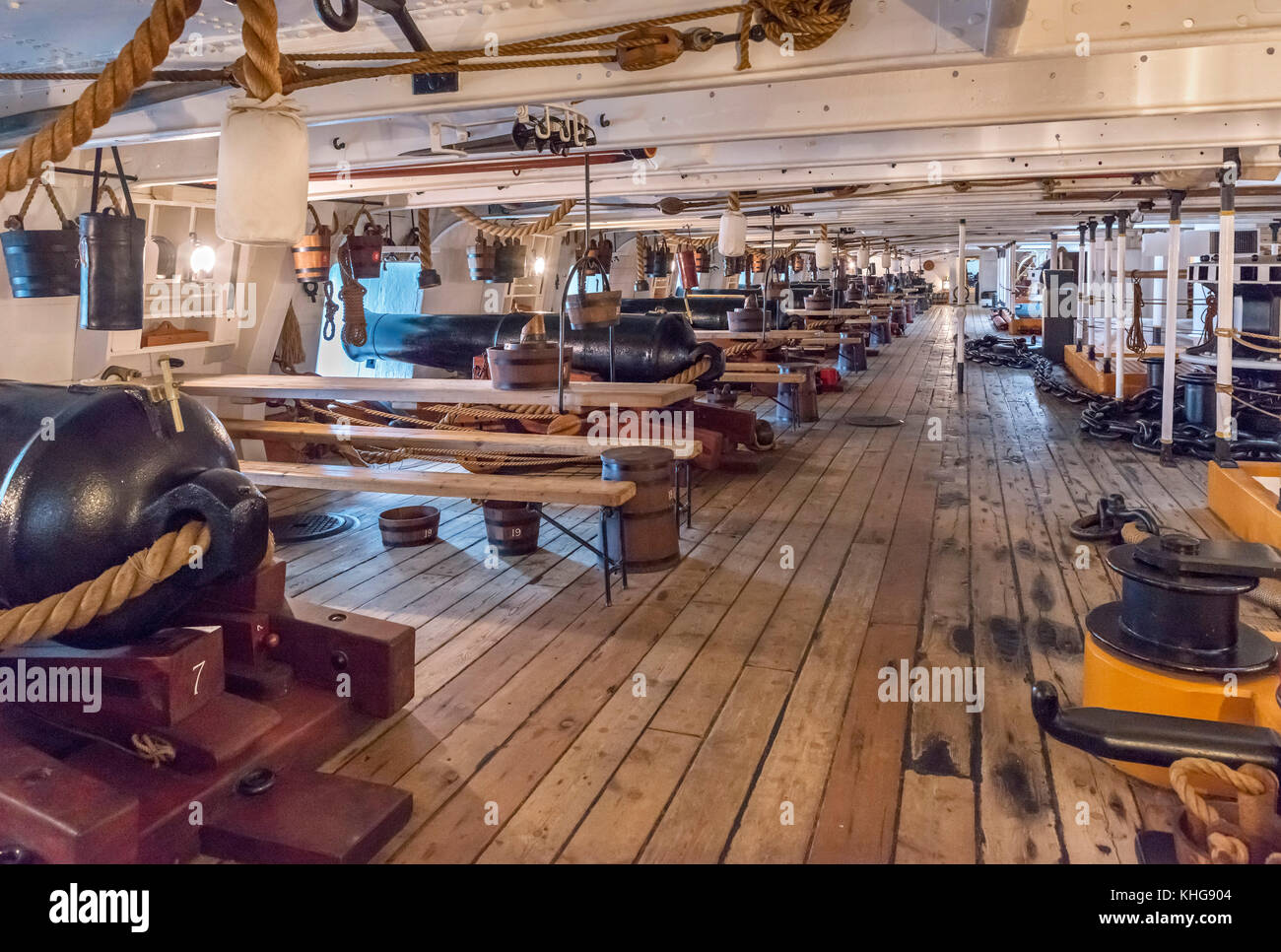 Gundeck on HMS Warrior, the first ocean going ironclad steam frigate in the Royal Navy, Portsmouth Historic Dockyard, Hampshire, England, UK Stock Photo