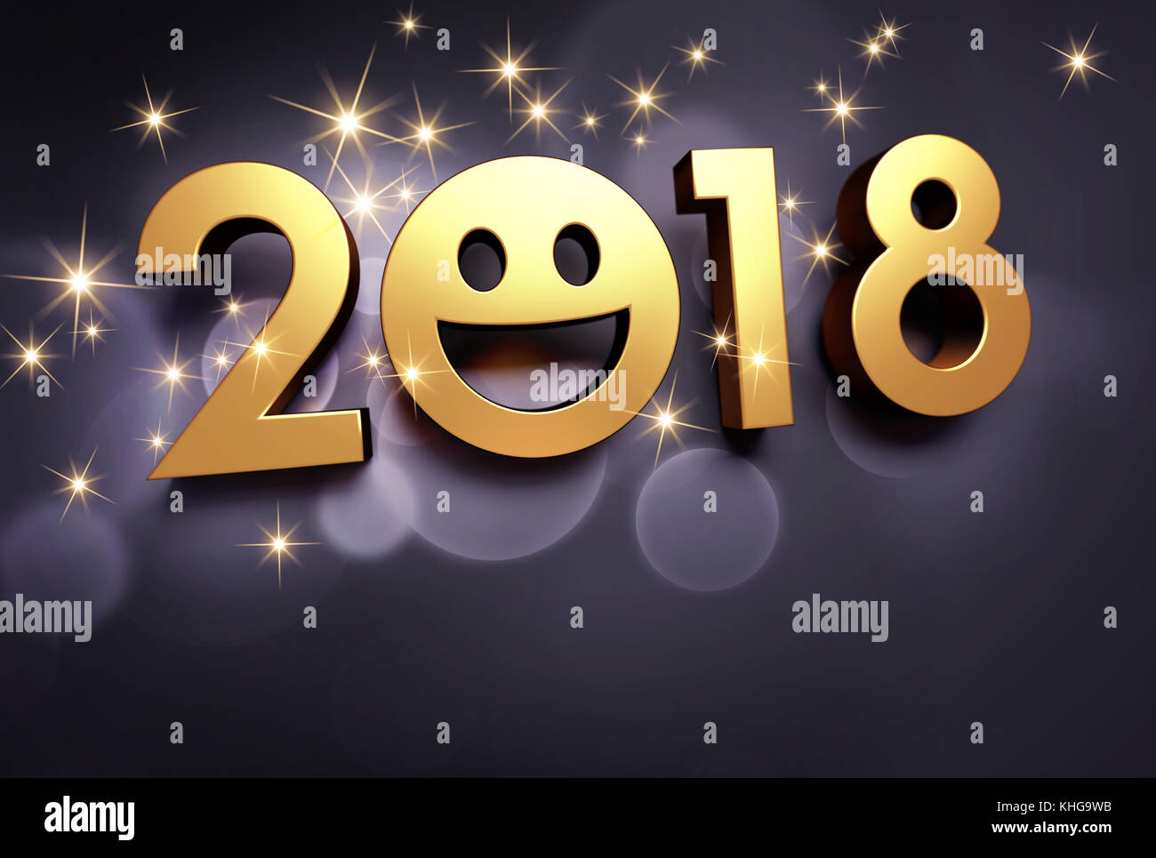 Joyful New year date 2018 and smiling face on a glittering black background - 3D illustration Stock Photo