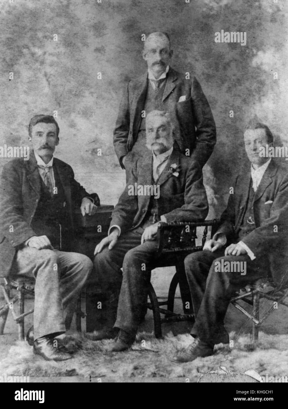 This historical photograph shows male staff members at the Lands Office in Toowoomba, Queensland, around 1900. It provides a glimpse into the administrative functions of the time in colonial Australia. Stock Photo