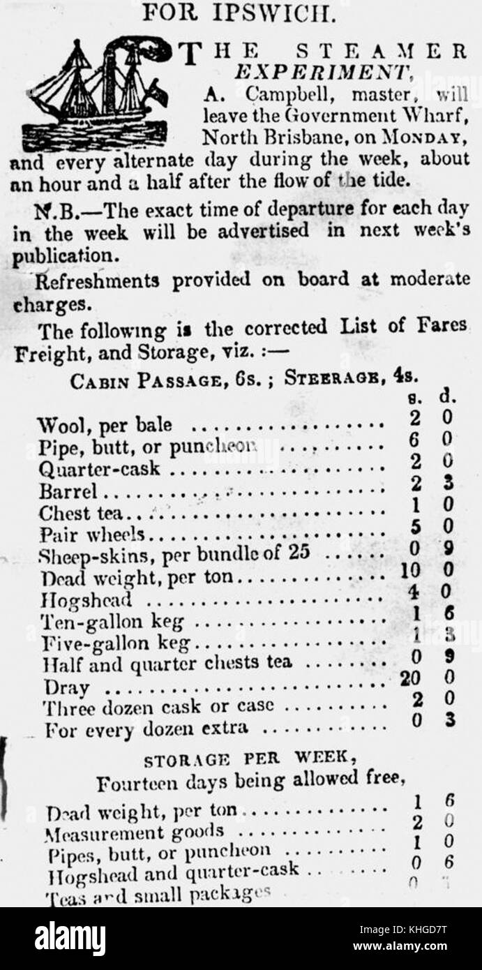 1 14306 Newspaper advertisement for the steamer Experiment Stock Photo