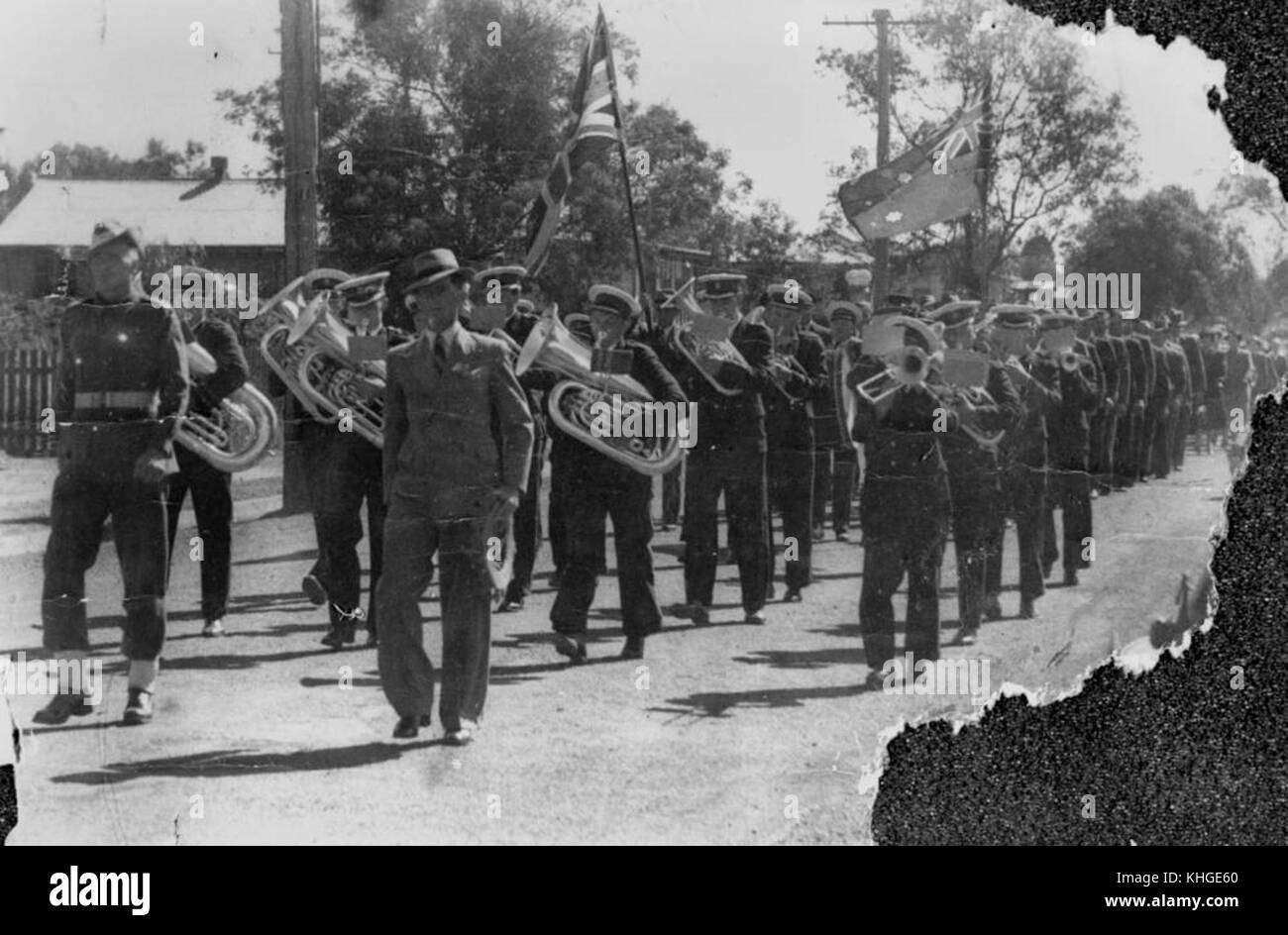 2 178031 Wondai Town Band marching on the first Anzac Day after World War II in Wooroolin, 1947 Stock Photo