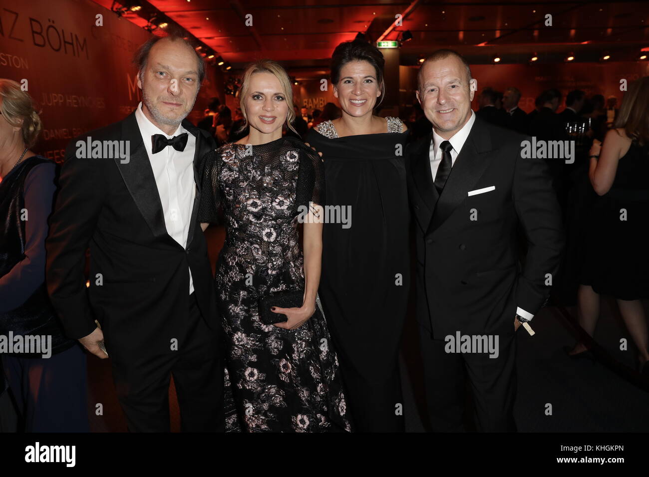 Berlin, Germany. 16th Nov, 2017. Actor Heino Ferch (R) and his wife, equestrian athlete Marie-Jeanette Ferch (2-R) arrive for the 69th Bambi Award Ceremony in Berlin, Germany, 16 November 2017. Next to them are actor Martin Brambach and his partner the actress Christine Sommer. Credit: Jörg Carstensen/dpa/Alamy Live News Stock Photo