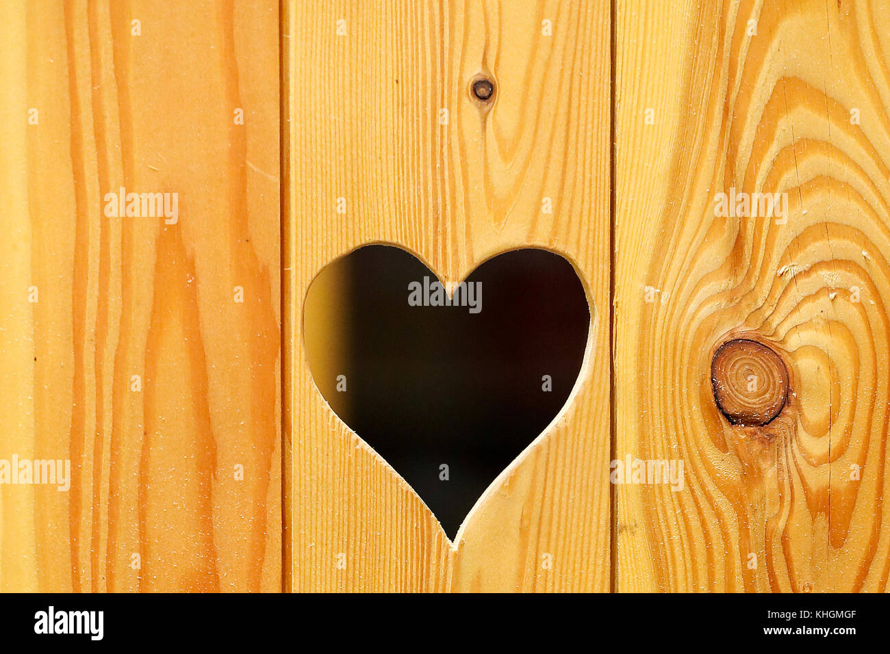Picture of the door of an outhouse made out of wood, with the de rigeur heart-shaped hole, taken in Leipzig, Germany, 13 November 2017. The toilet services provider Okolocus rents the self-made outhouses for weddings, festivals or for owners of small gardens. People who need to go to the toilet sit on toilet seats made out of wood. Underneath is a plastic drum with a capacity of between 50 and 60 liters. After doing the business a shovelful of wood shavings is thrown into the drum. Okolocus takes care of the disposal of the contents. Photo: Jan Woitas/dpa-Zentralbild/dpa Stock Photo