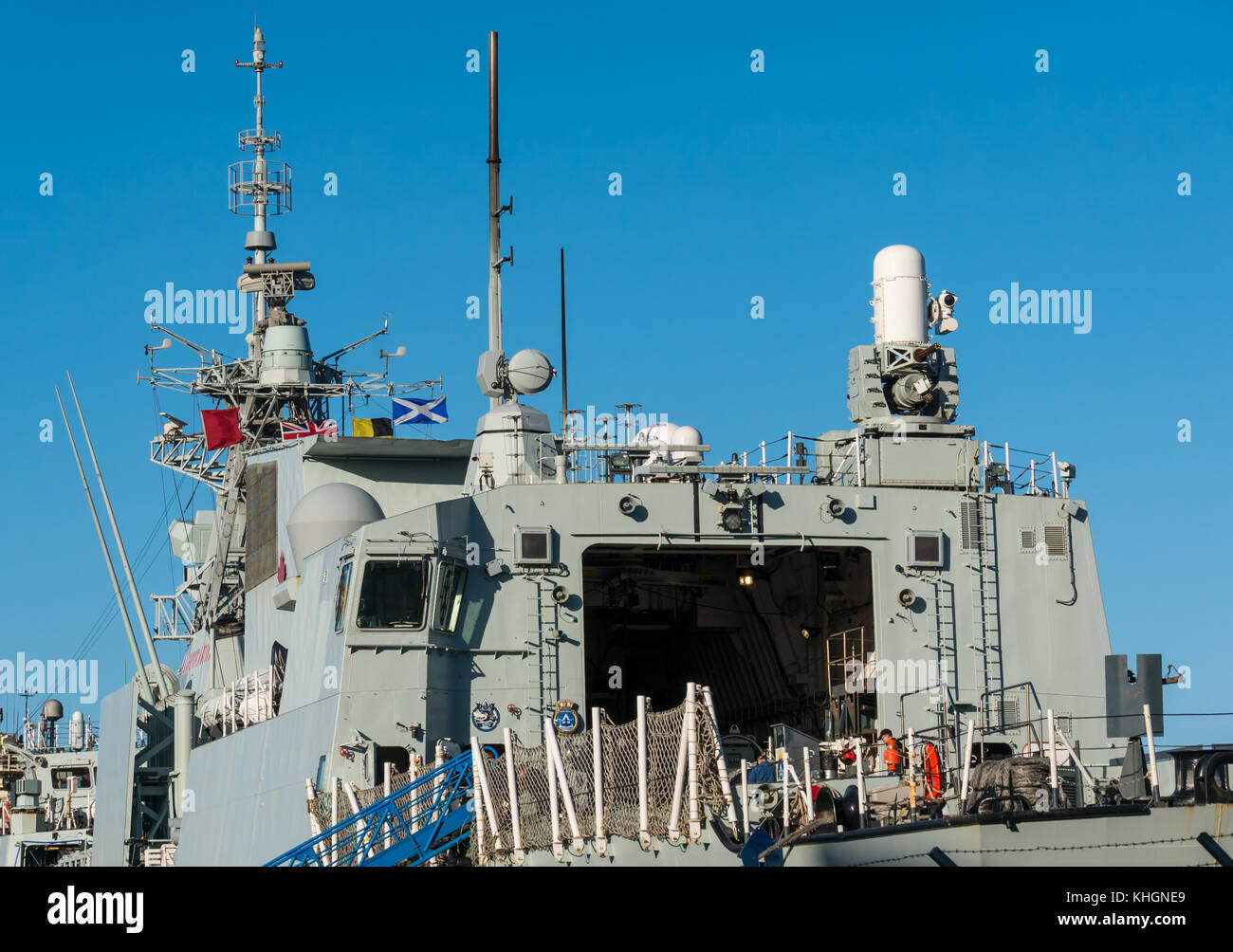 Entrance Basin, Leith Harbour, Edinburgh, Scotland, United Kingdom. 16th Nov, 2017. Montreal is a Halifax Class frigate in the Canadian Navy serving as part of the Standing Naval Force Atlantic (STANAVFORLANT),  on a courtesy visit to Scotland and flying the Union Jack and Saltire flags on a sunny blue sky Autumn day Stock Photo