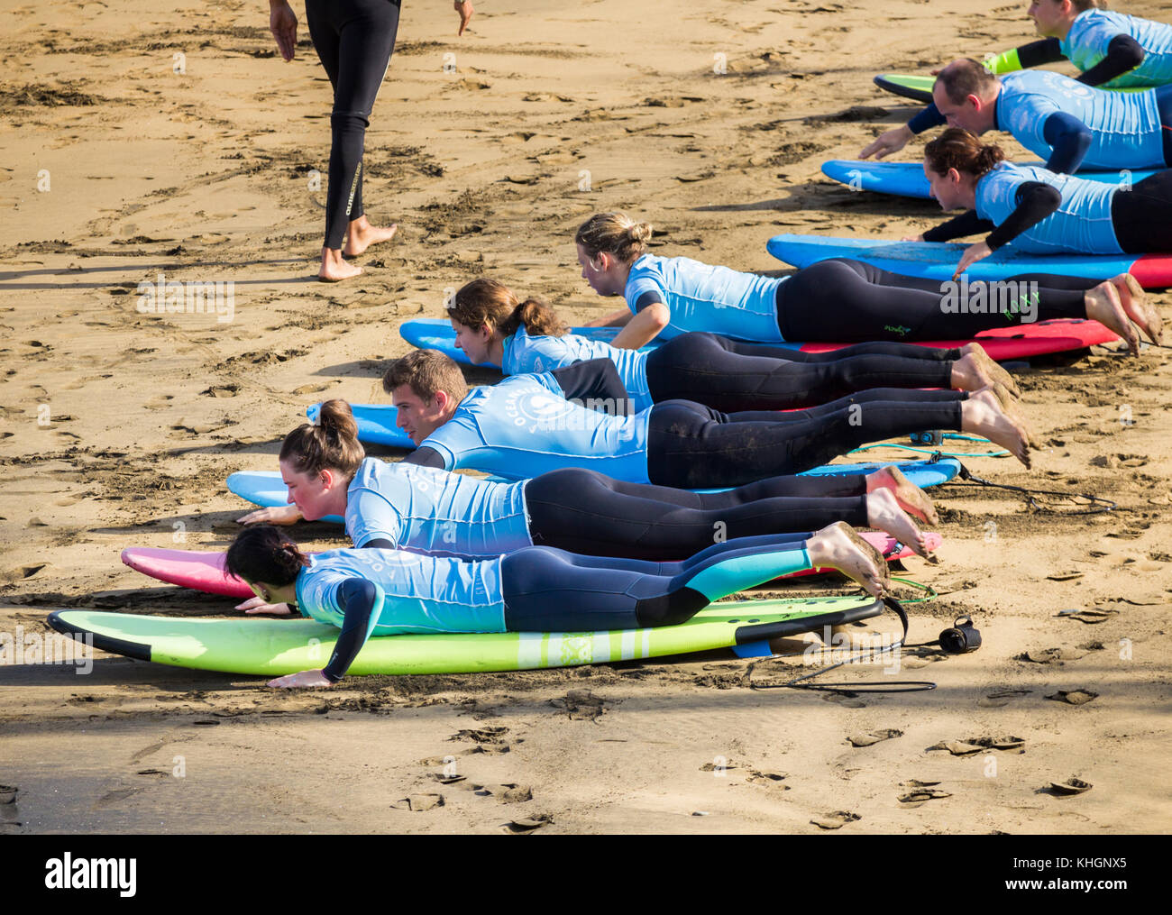 Surf school on Las Canteras beach, Las Palmas, Gran Canaria, Canary Islands, Spain. Stock Photo