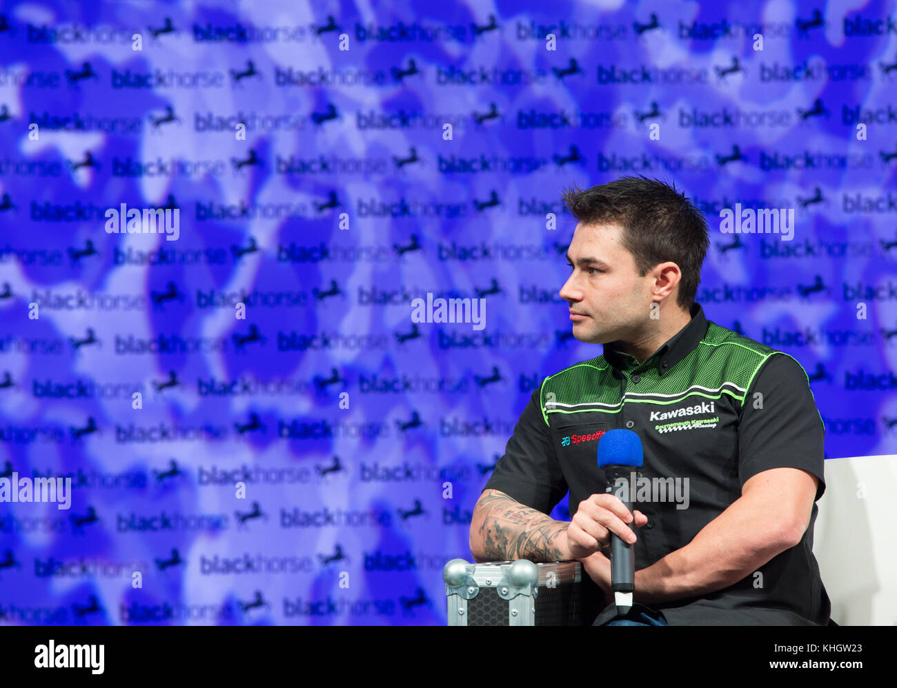 Birmingham, UK. 18th Nov, 2017.   Leon Haslam on the Black Horse stage being interviewed by James Whitham about his 2017 season in British Superbikes Credit: steven roe/Alamy Live News Stock Photo