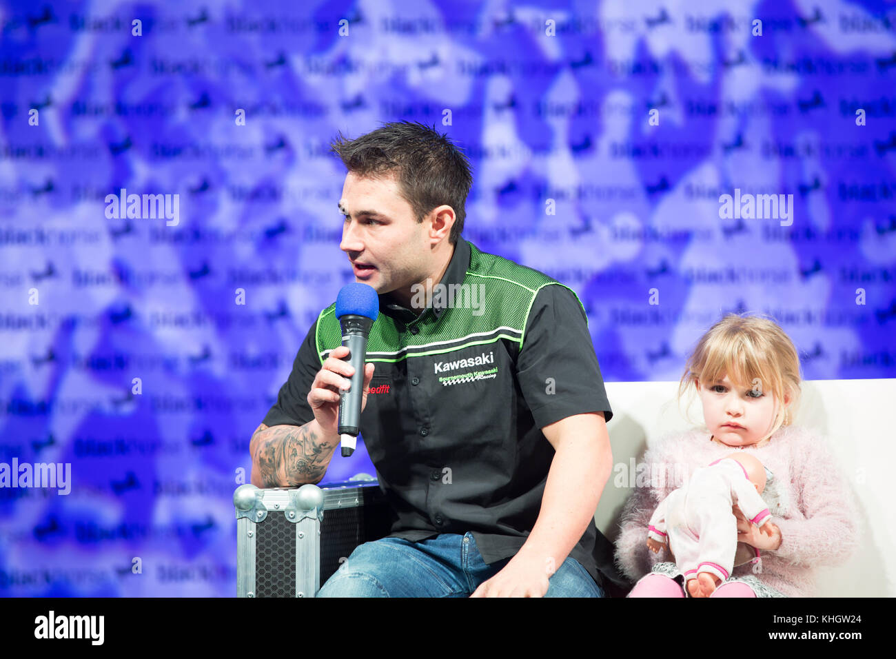 Birmingham, UK. 18th Nov, 2017.   Leon Haslam on the Black Horse stage being interviewed by James Whitham about his 2017 season in British Superbikes Credit: steven roe/Alamy Live News Stock Photo