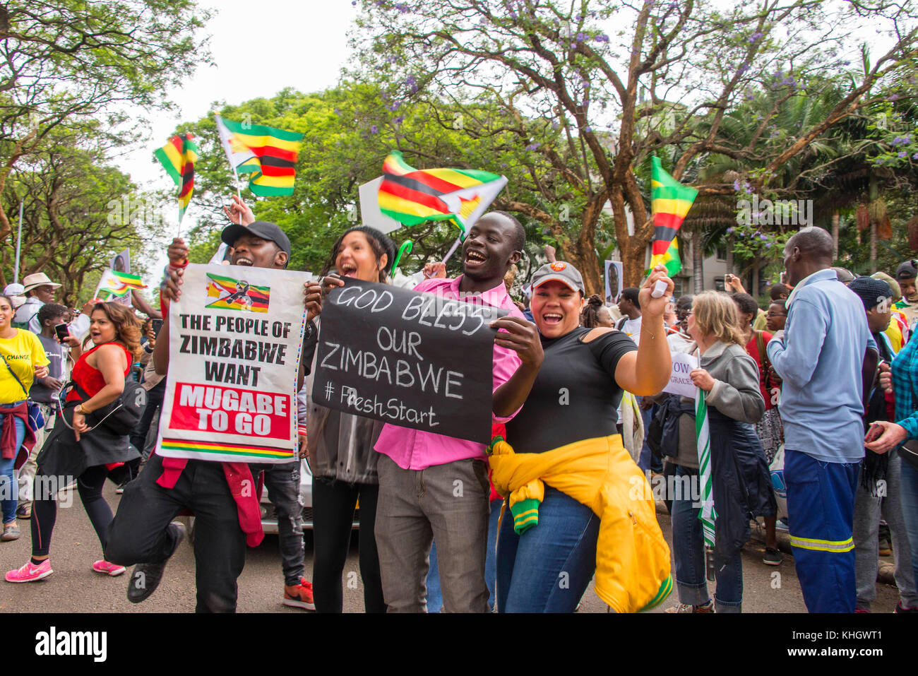 Harare, Zimbabwe. 17th November, 2017. Zimbabweans take to the streets of Harare to protest and demand President Robert Mugabe steps down after the Zimbabwe Defense Forces assumed control of all critical arms of Government in a military stykle coup. Credit: Christopher Scott/Alamy Live News Stock Photo