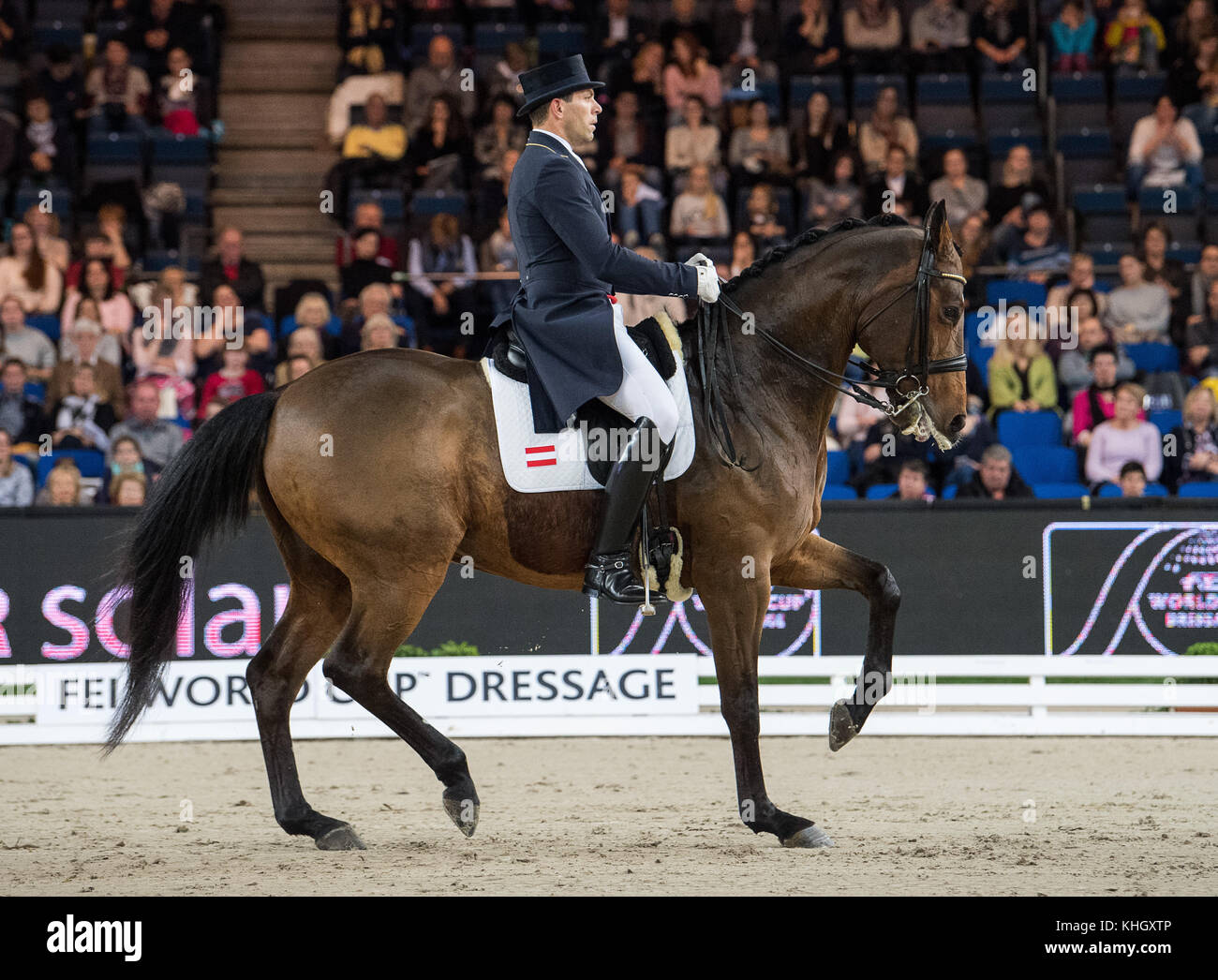 Stuttgart, Germany. 18th Nov, 2017. The Austrian dressage rider Christian Schumach riding his horse Auheim's Picardo during the 33rd horse show for the World Cup qualifications at the Schleyerhalle in Stuttgart, Germany, 18 November 2017. Schumach won 15th place. Credit: Sebastian Gollnow/dpa/Alamy Live News Stock Photo