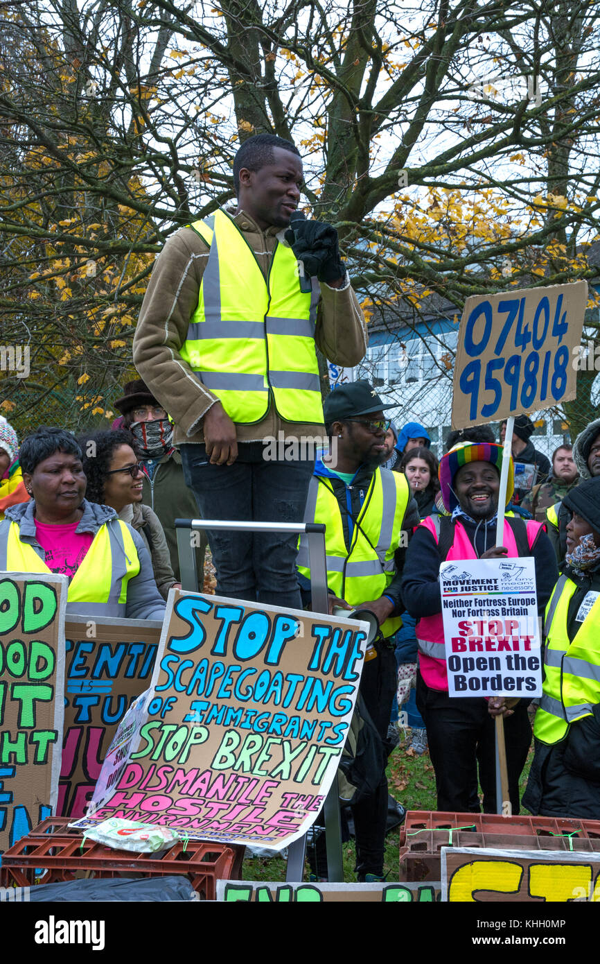 Milton Ernest, Bedford, UK. Saturday 18th November 2017. Around 1000 protesters attended a Shut Down Yarl’s Wood protest at the immigration removal centre. The protest was organised by the Movement for Justice by Any Means. Credit: Steve Bell/Alamy Live News Stock Photo