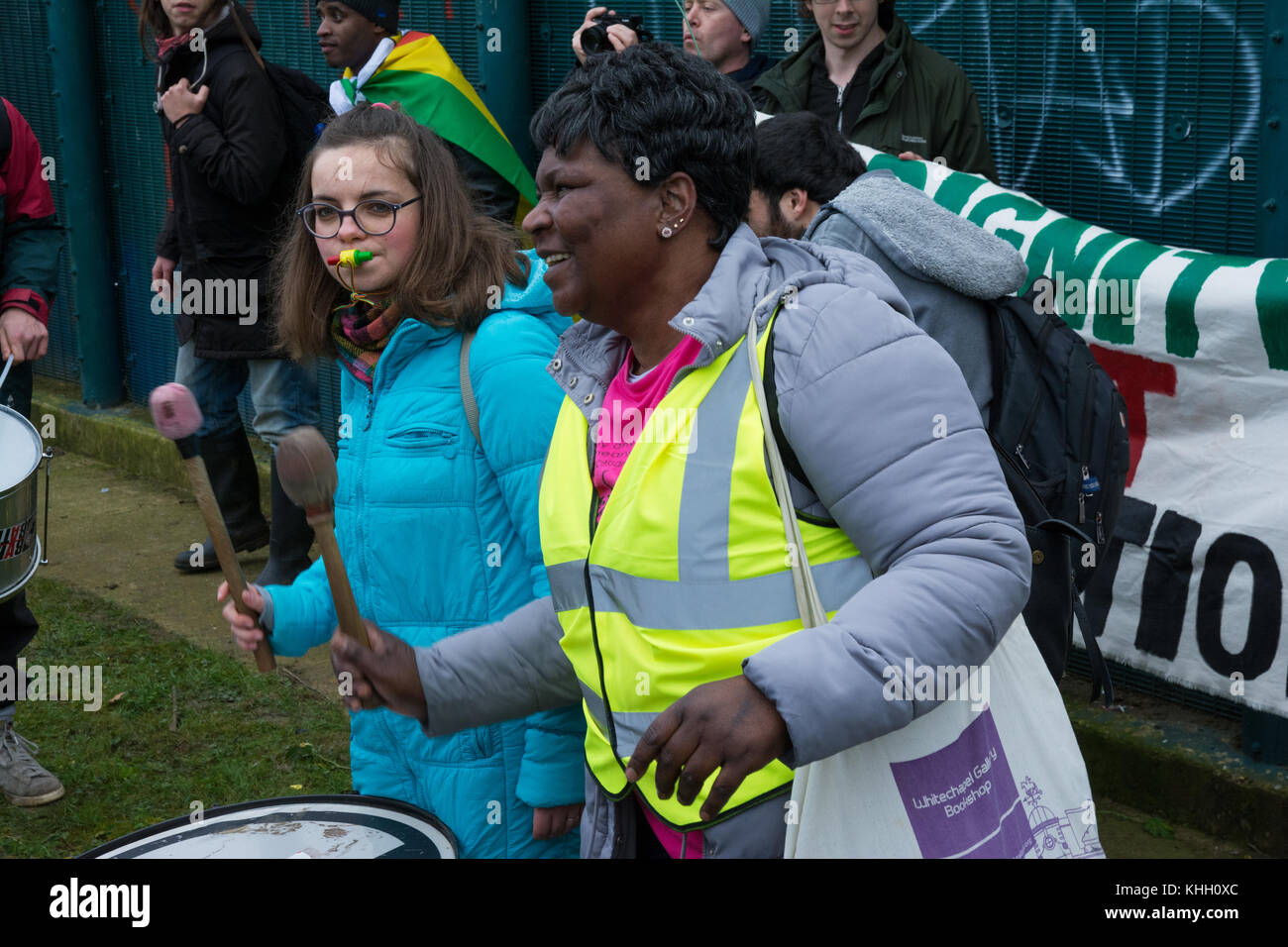 Milton Ernest, Bedford, UK. Saturday 18th November 2017.  Around 1000 protesters attended a Shut Down Yarl’s Wood protest at the immigration removal centre. The protest was organised by the Movement for Justice by Any Means. Credit: Steve Bell/Alamy Live News Stock Photo