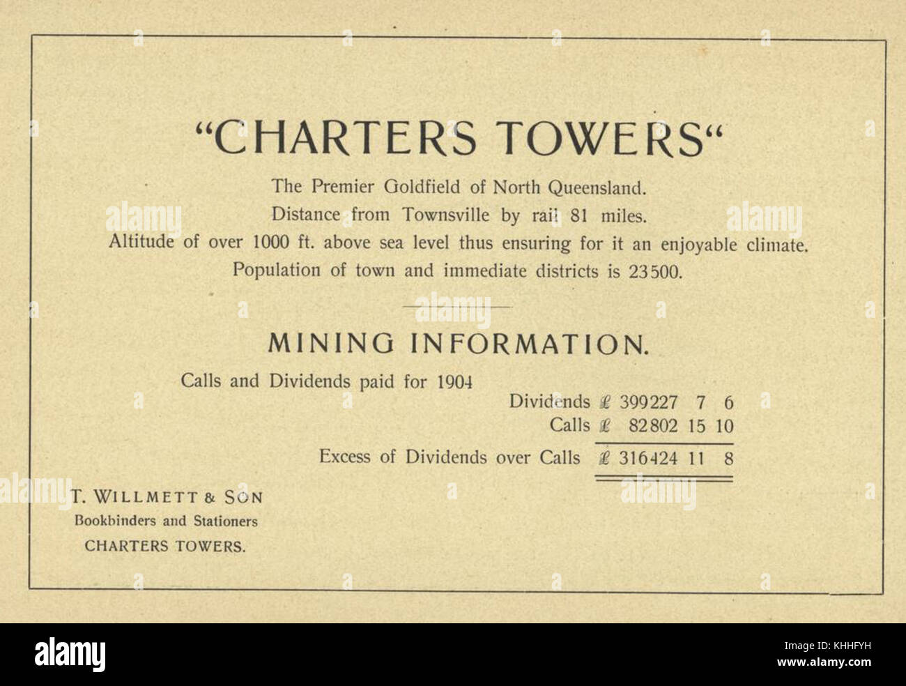 2 258438 Information about Charters Towers with added information regarding mining dividends, 1904 Stock Photo