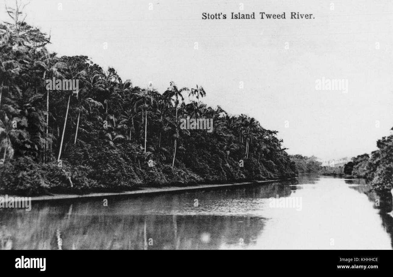 This image shows Stott's Island on the Tweed River, captured around 1910, showcasing the natural landscape and river environment of the region. Stock Photo