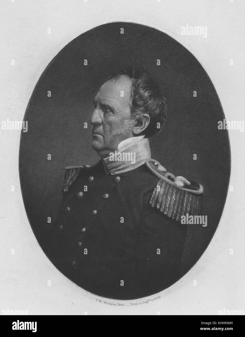 Engraved portrait of Winfield Scott, Major General for the United States Army, from a daguerreotype by Brady, 1900. From the New York Public Library. Stock Photo