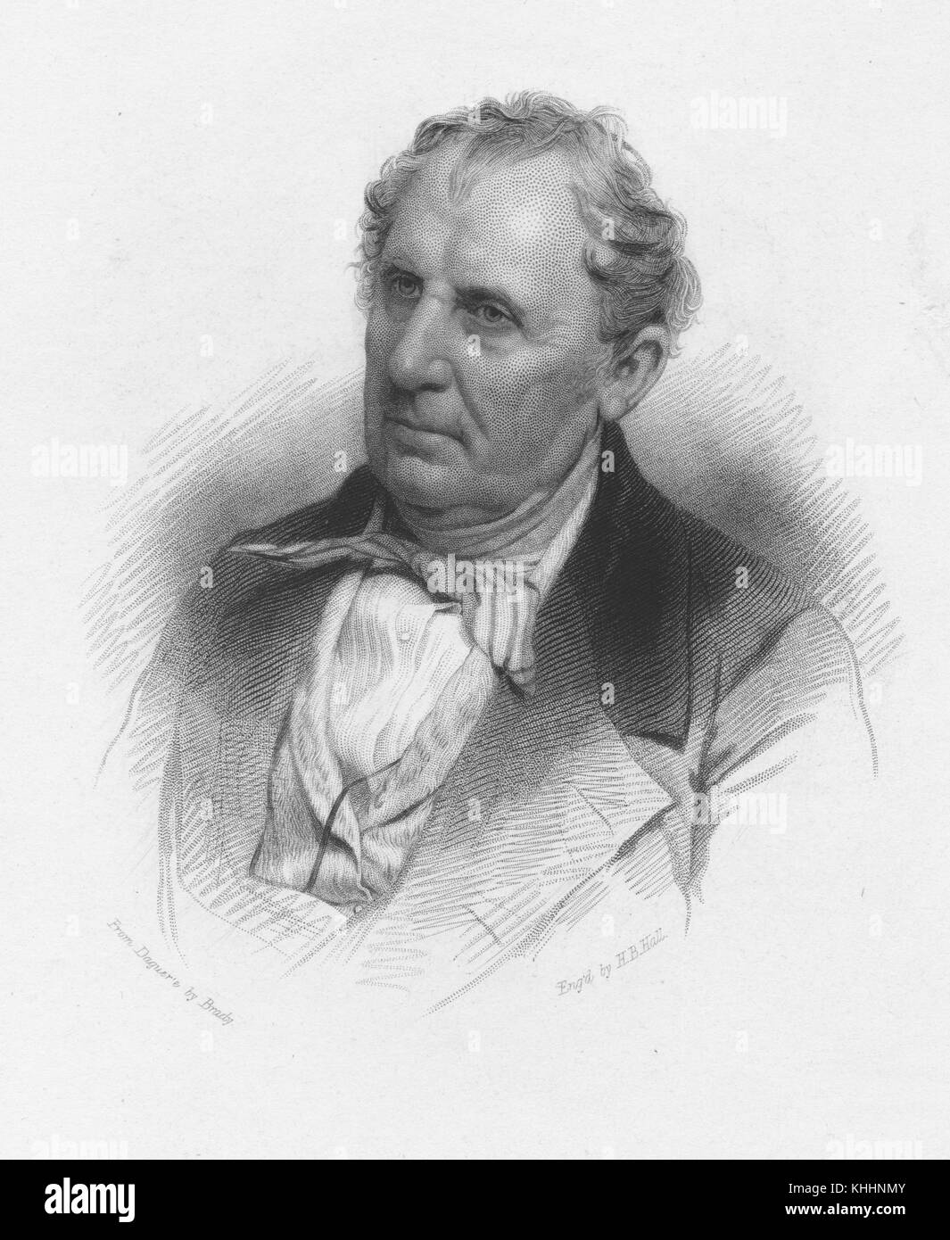 Engraved portrait of James Fenimore Cooper, author of The Last of the Mohicans, by HB Hall from a daguerreotype by Brady, 1900. From the New York Public Library. Stock Photo