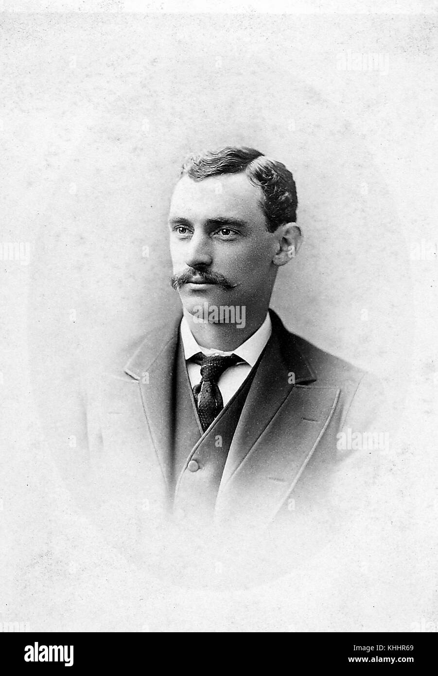 A photographic headshot portrait of John Morrill wearing a suit, during his fourteen year career he was primarily a first baseman and a manager, led the Boston Beaneaters to a National League pendant in 1883 in a season where he played six different positions and took over as manager half way through the season, 1885. From the New York Public Library. Stock Photo
