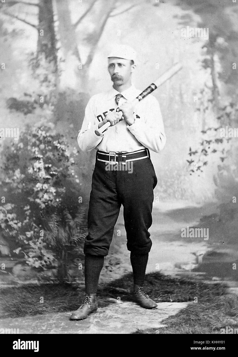 Portrait of Deacon White, American baseball player who was one of the principal stars during the first two decades of the sport's professional era, caught more games than any other player during the 1870s, and was a major figure on five consecutive championship teams, posing in Detroit Wolverines uniform, photograph by FN Thomlinson, 1888. From the New York Public Library. Stock Photo