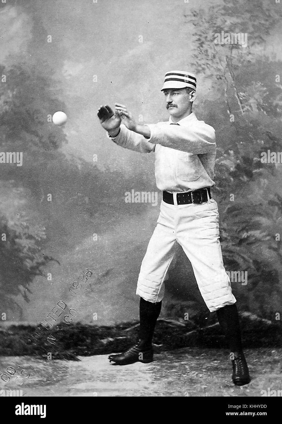 Picture of 19th century unidentified baseball player in catching form, by Gilbert Bacon, Philadelphia, 1838. From the New York Public Library. Stock Photo