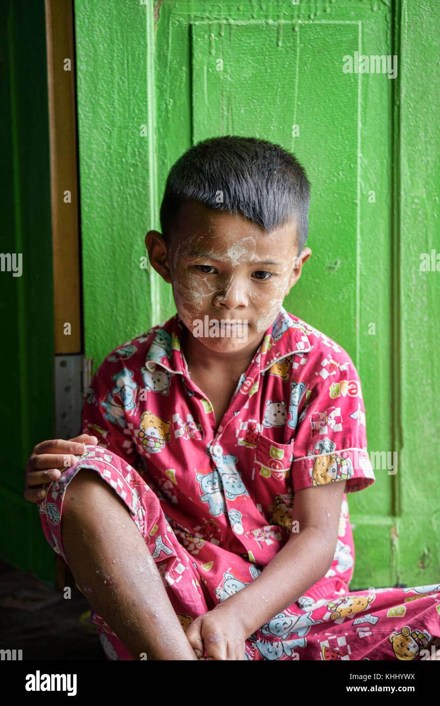 Portrait of a Moken boy, Mergui Archipelago, Myanmar Stock Photo
