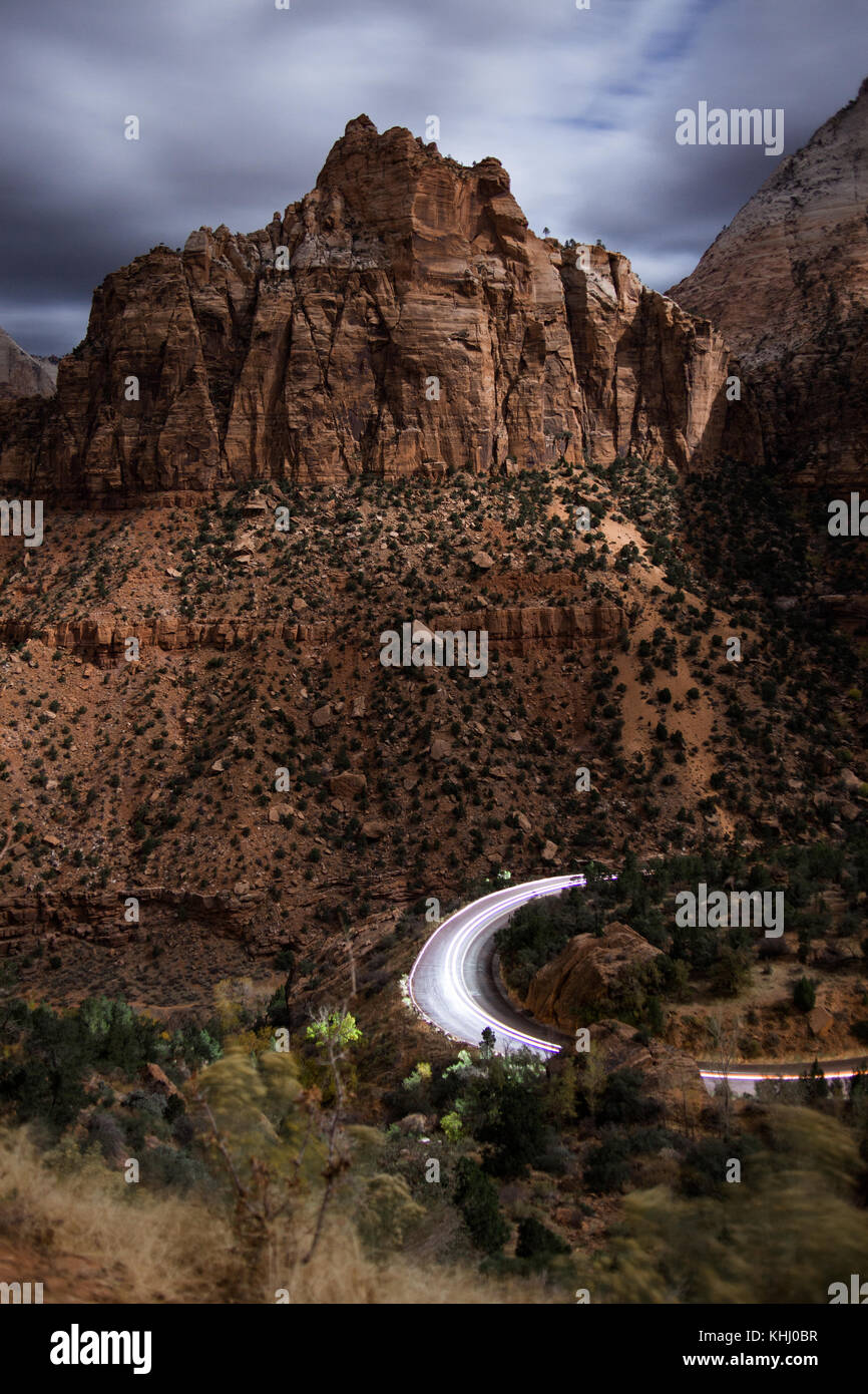 ZION NATIONAL PARK, UTAH, USA NOVEMBER 2017 A passing car lights up