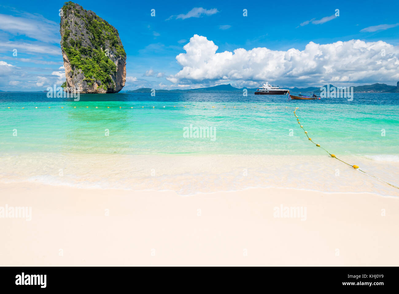 rock, boats and beautiful sky stunning seascape, Poda Island Thailand Stock Photo