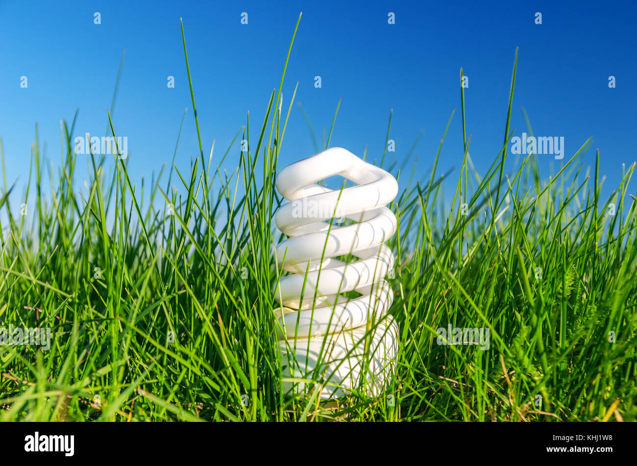 energy saving bulb in green grass against blue sky Stock Photo - Alamy