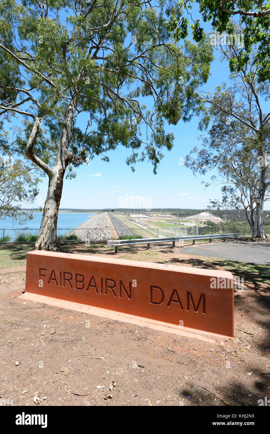 Fairbairn Dam name sign, near Emerald, Queensland, QLD, Australia Stock