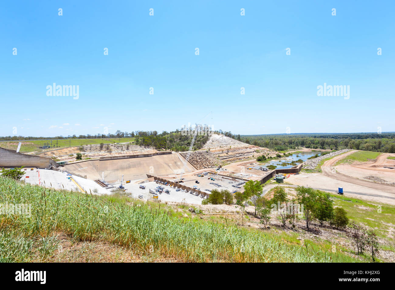 Fairbairn Dam spillway works carried out while water level in nearby Lake Maraboon is low due to drought, near Emerald, Queensland, Australia Stock Photo