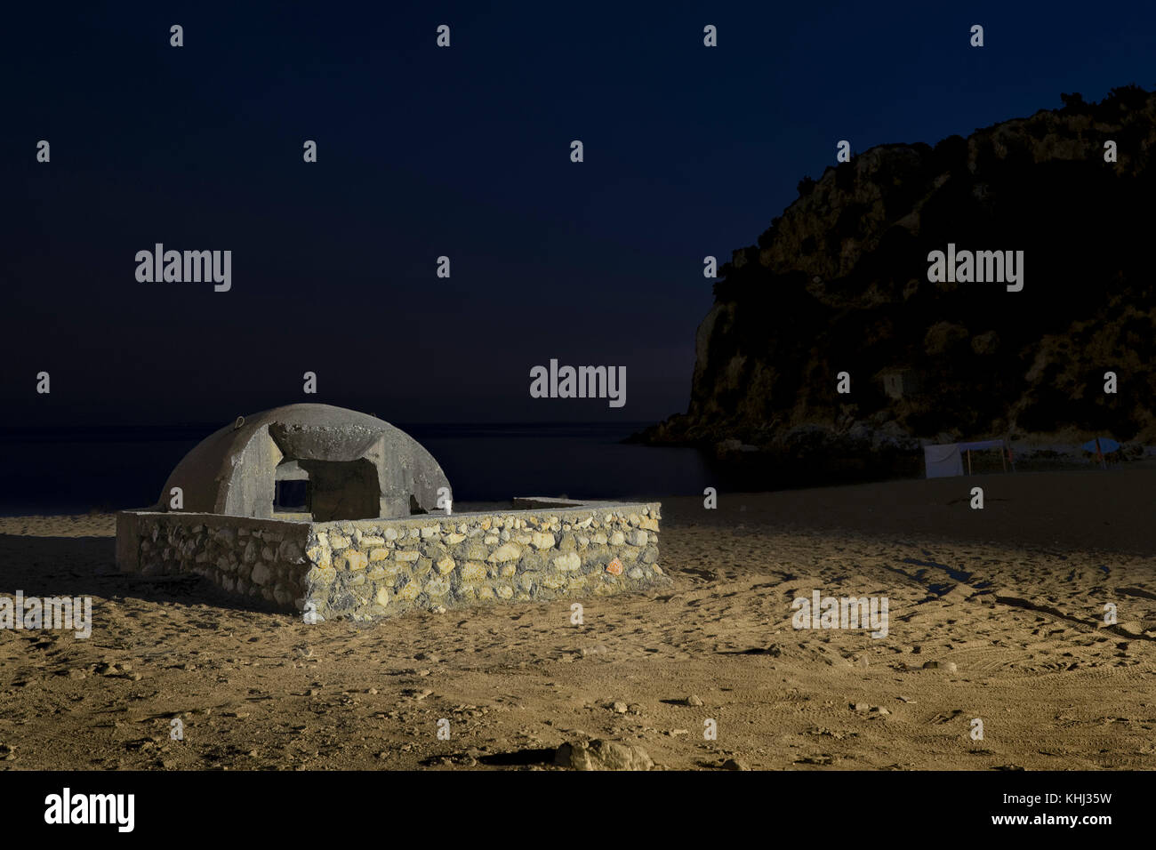 Bar-B-Q area made around a bunker, Livadhe Beach, Albania Stock Photo